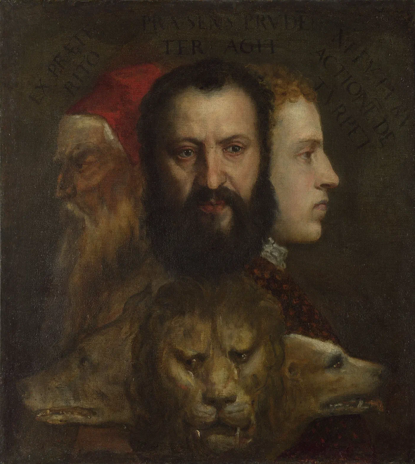 An Allegory of Prudence by Titian and his workshop (c. 1550), the heads of an old man, a man in his prime and a young man facing left, front and right, above the heads of a wolf, a lion and a dog.