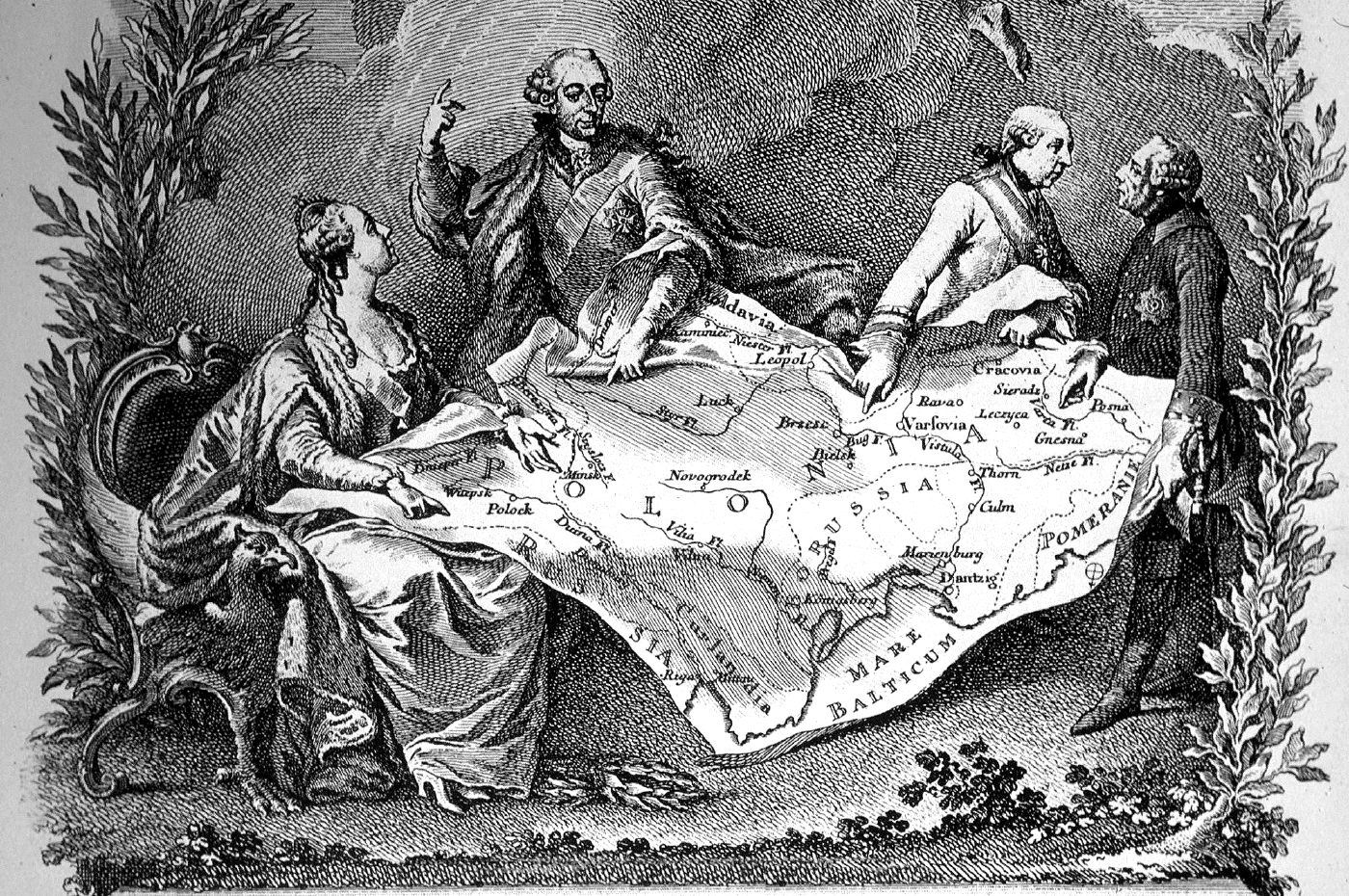 Allegory of the First Partition of Poland, an engraving by Noël Le Mire (1773), showing European monarchs gathered around a map of Poland, each pointing at the part they mean to take.