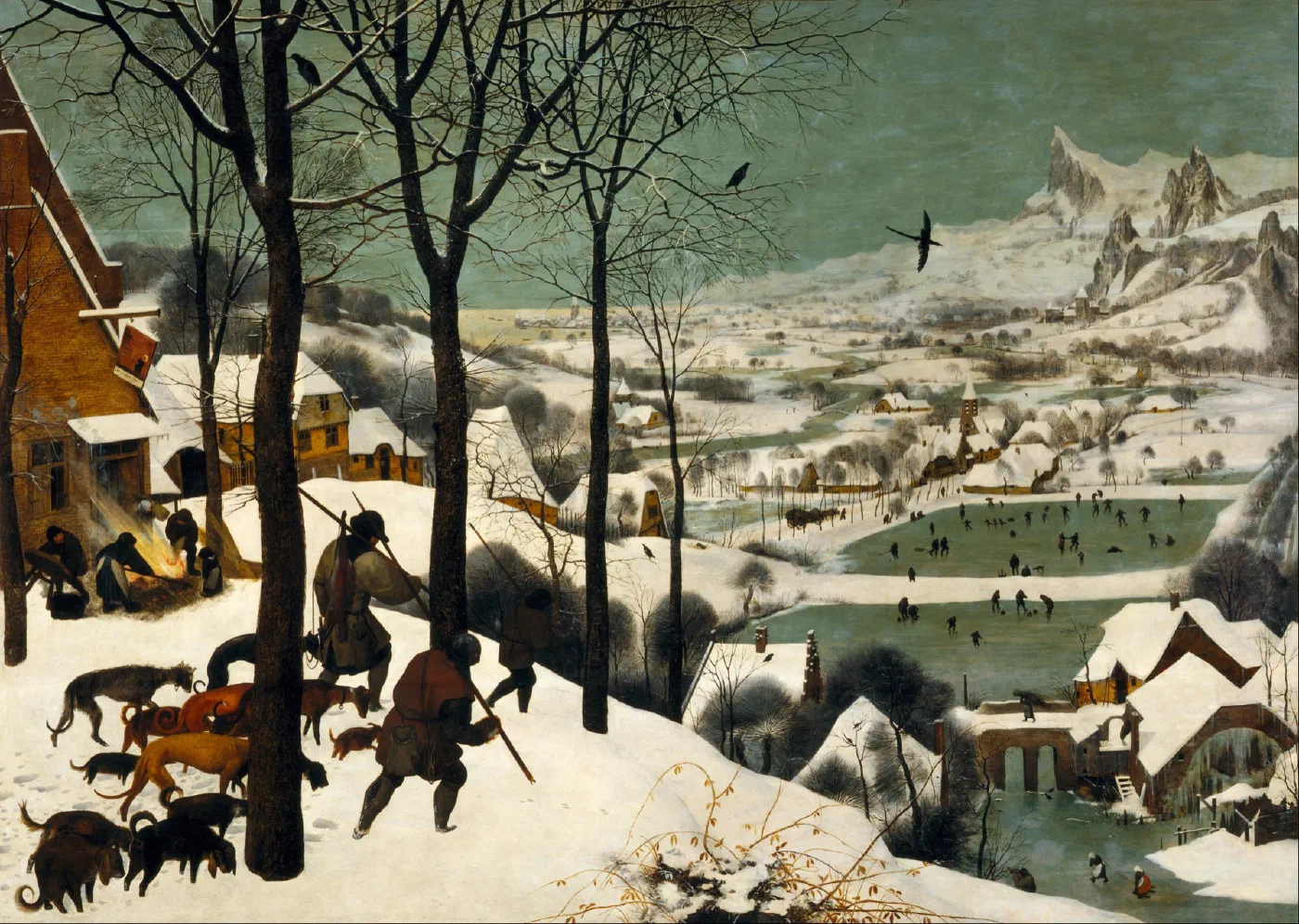 Hunters in the Snow by Pieter Bruegel the Elder (1565), hunters and their dogs returning through deep snow to a village, with skaters on the frozen ponds below.