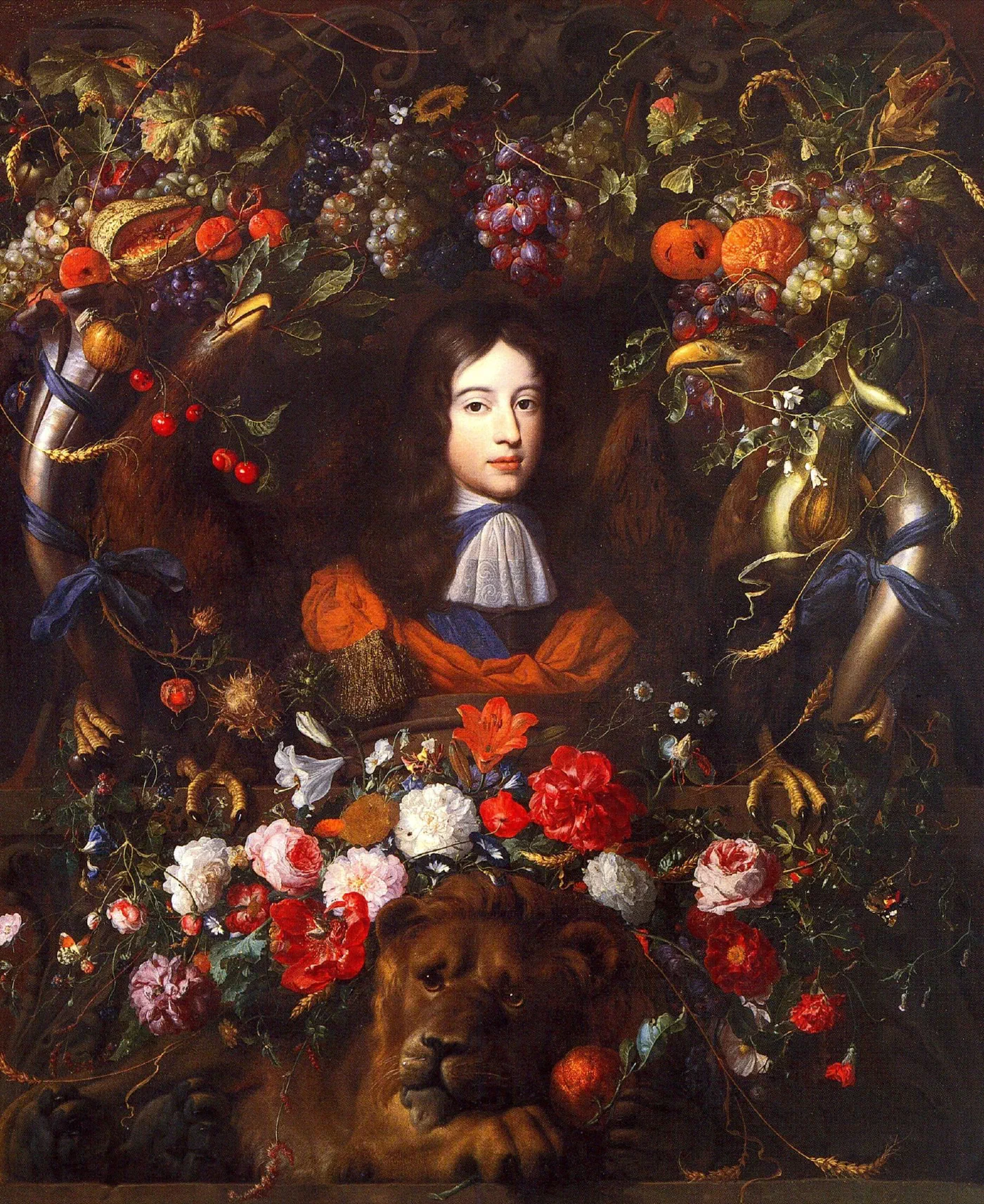 Garland of Flowers and Fruit with a Portrait of William III of Orange by Jan Davidsz. de Heem (about 1670), a small portrait of the young prince wrapped in a thick garland of fruit and flowers, with two eagles and a lion around it.