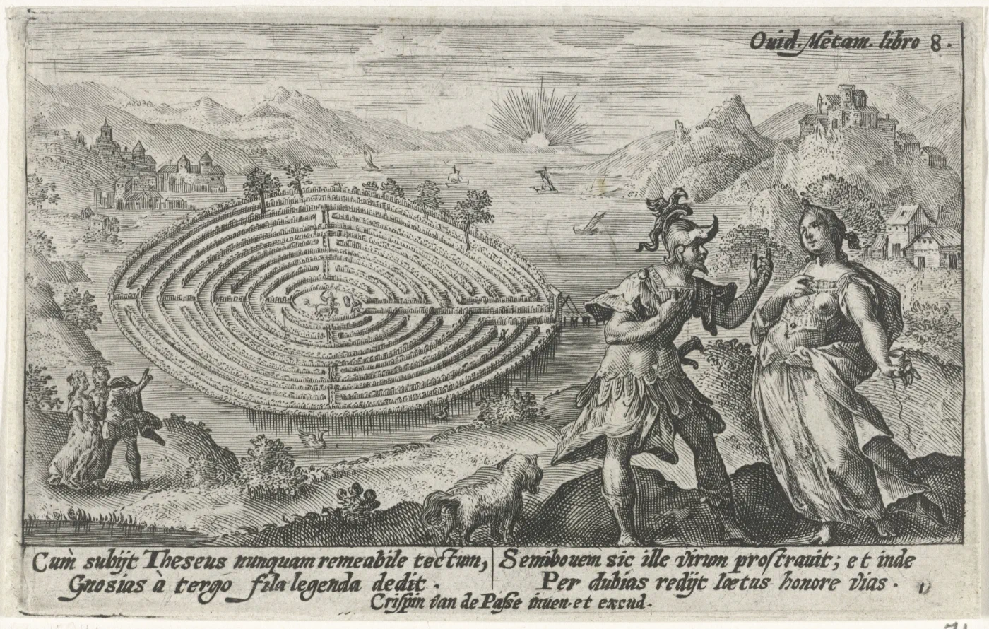 Theseus and Ariadne by Crispijn de Passe the Elder (1602 to 1607), an engraving of Ariadne giving Theseus a ball of thread beside the Cretan labyrinth.