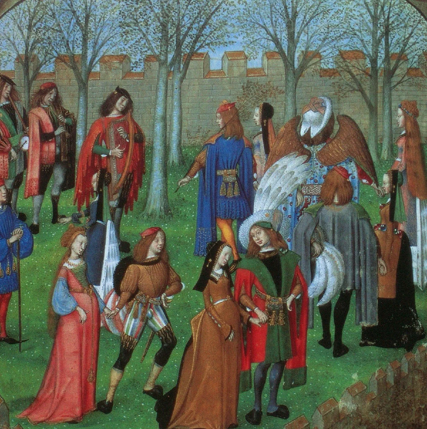 The Carolle in the Garden from the Roman de la Rose, illuminated by the Master of the Prayer Books (about 1500), a courtly company dancing to music inside a high crenellated garden wall.