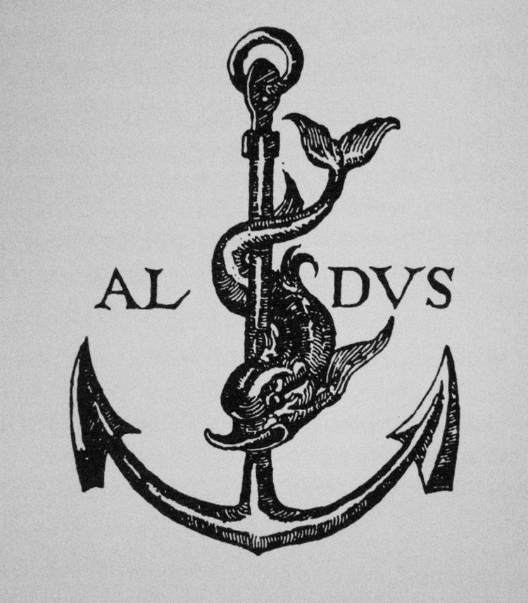 The emblem of the dolphin and anchor which has been used since Roman times to illustrate festina lente. This example is the printer's mark of Aldus.