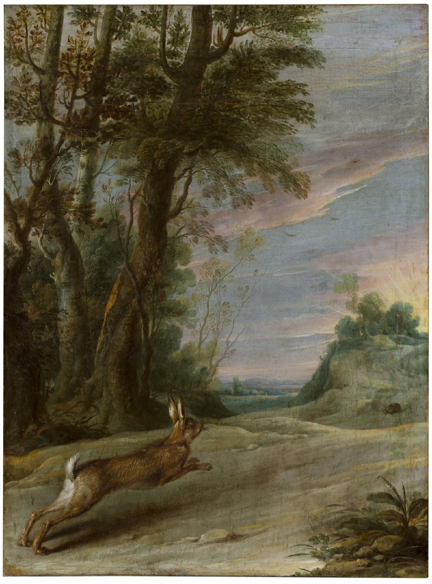 Fable of the Hare and the Tortoise by Frans Snyders (17th century), a hare sprinting along a woodland path at dusk while the small tortoise is already further down the road.