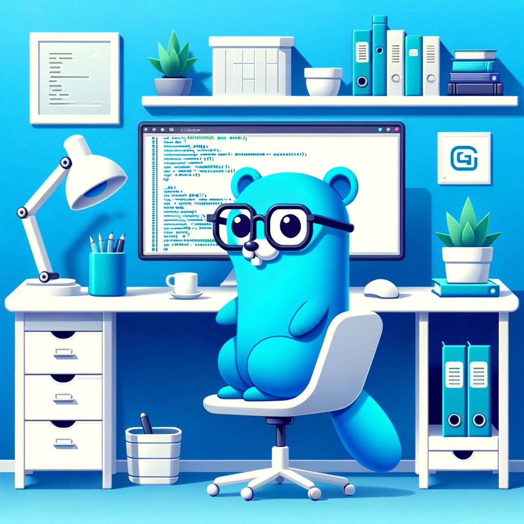 The Go maskot, a blue gopher, in front of a computer