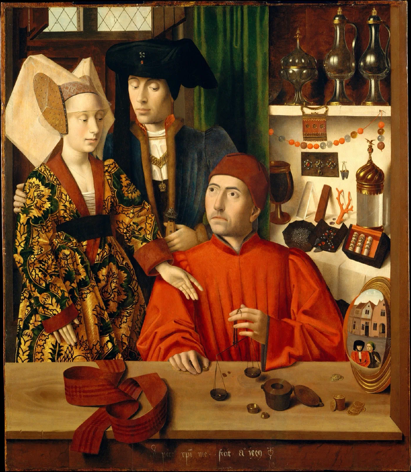 A Goldsmith in His Shop by Petrus Christus (1449), a goldsmith weighing a ring on a small balance for a young couple, with his tools and wares on the shelves behind him.