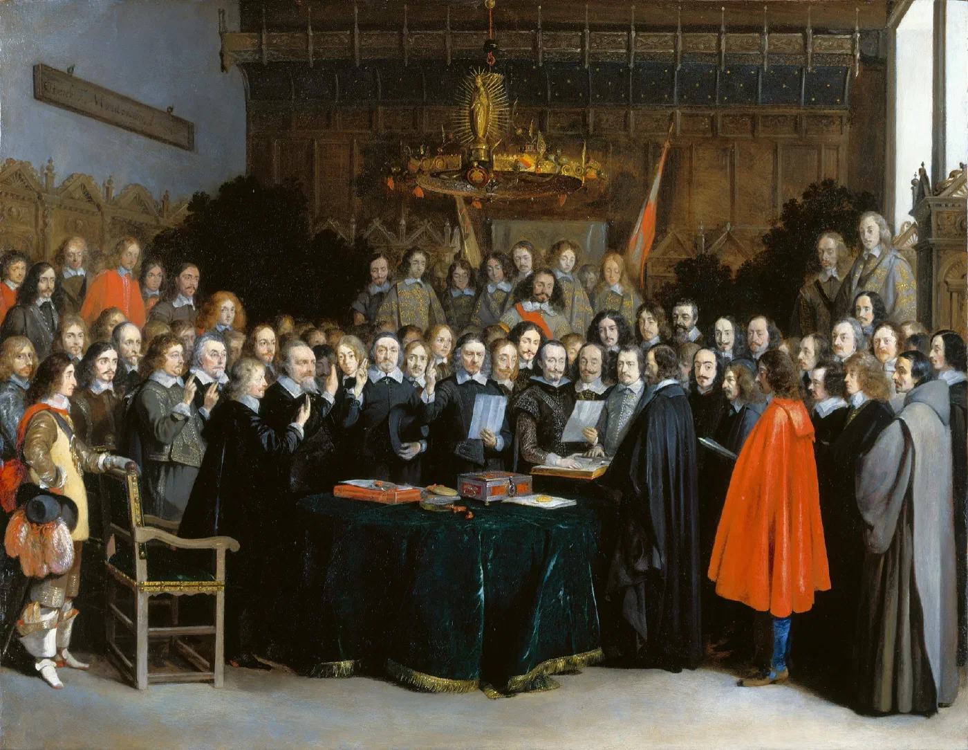 The Ratification of the Treaty of Münster by Gerard ter Borch (1648), Spanish and Dutch delegates crowded around a table, raising their hands to swear to the signed treaty.