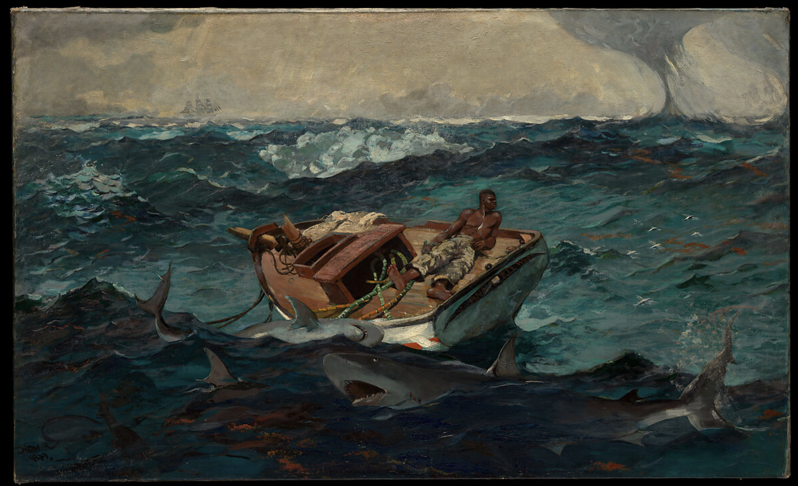 The Gulf Stream by Winslow Homer (1899) - A lone stoic Black man on a damaged boat, surrounded by sharks and a swirling waterspout, symbolizing human struggle against nature and the brutal history of empire and slavery.