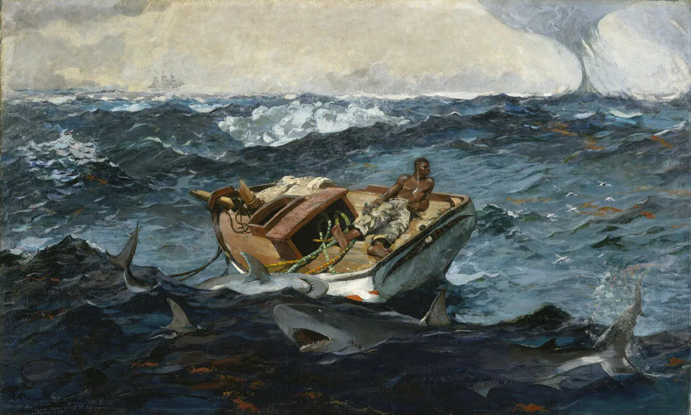 The Gulf Stream by Winslow Homer (1899), a lone Black sailor on a dismasted boat in a rough sea, surrounded by sharks, with a waterspout on the horizon.