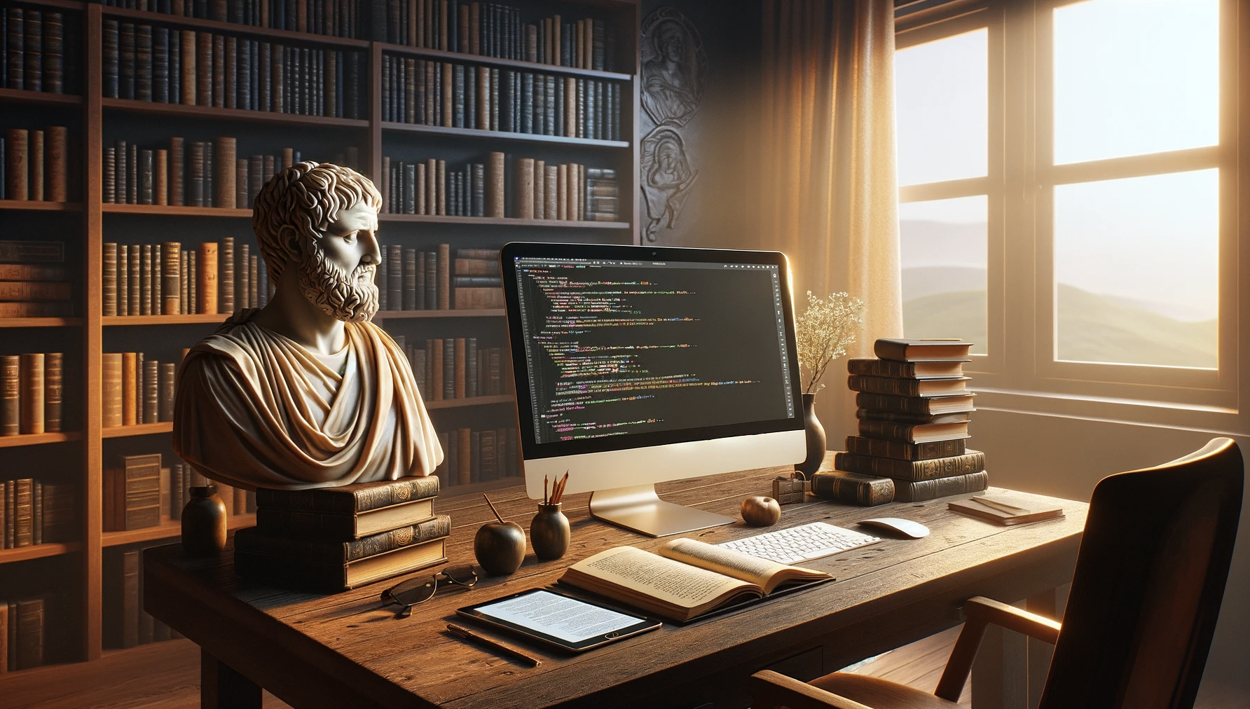 A Software Engineer's computer on a desk in a room filled with books, highlighted by a visual burst representing Stoic philosophy