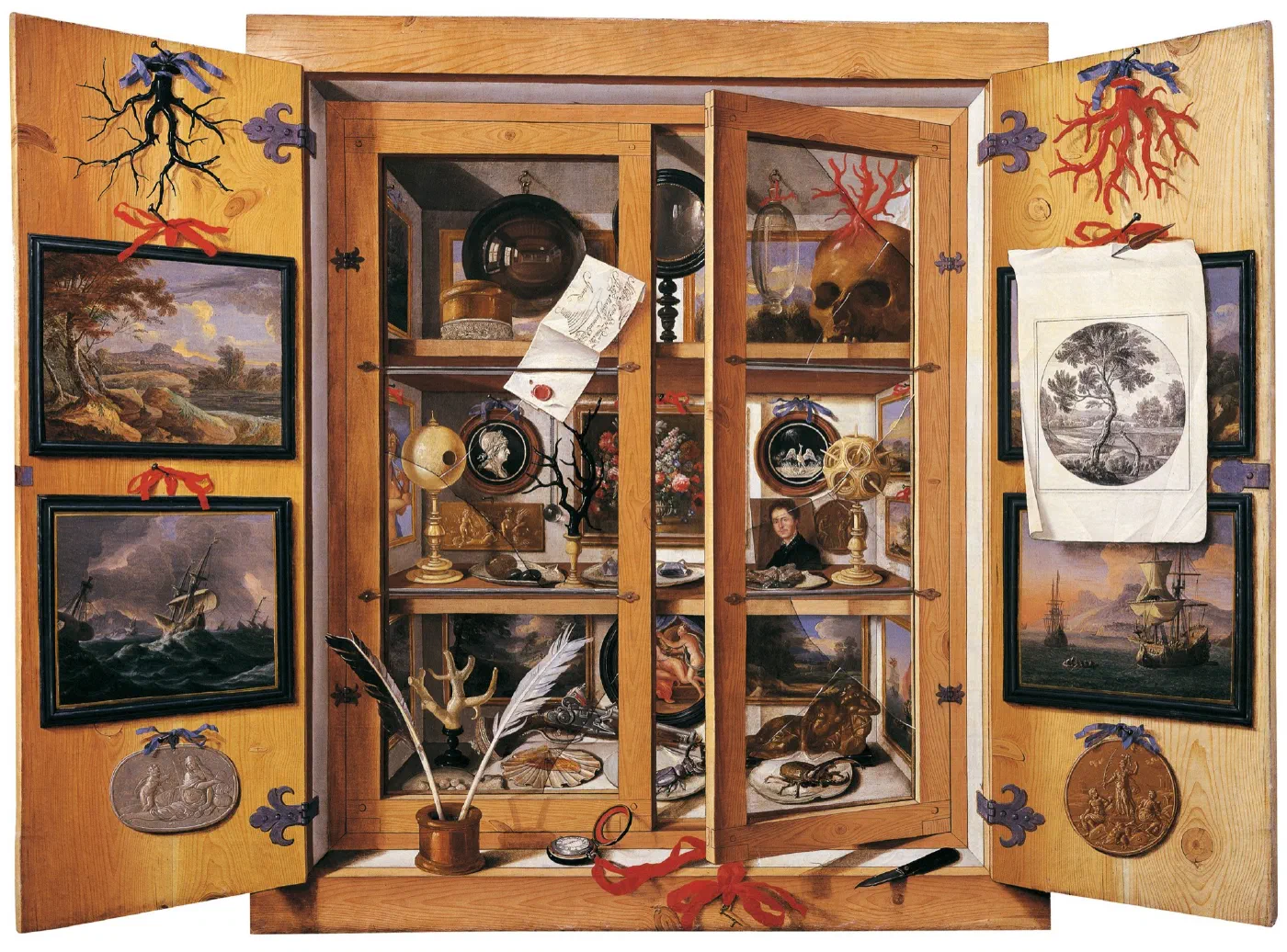 Cabinet of Curiosities by Domenico Remps (1690s), a painted cupboard with open doors whose shelves hold coral, shells, medals, instruments and small paintings, each in its own place.