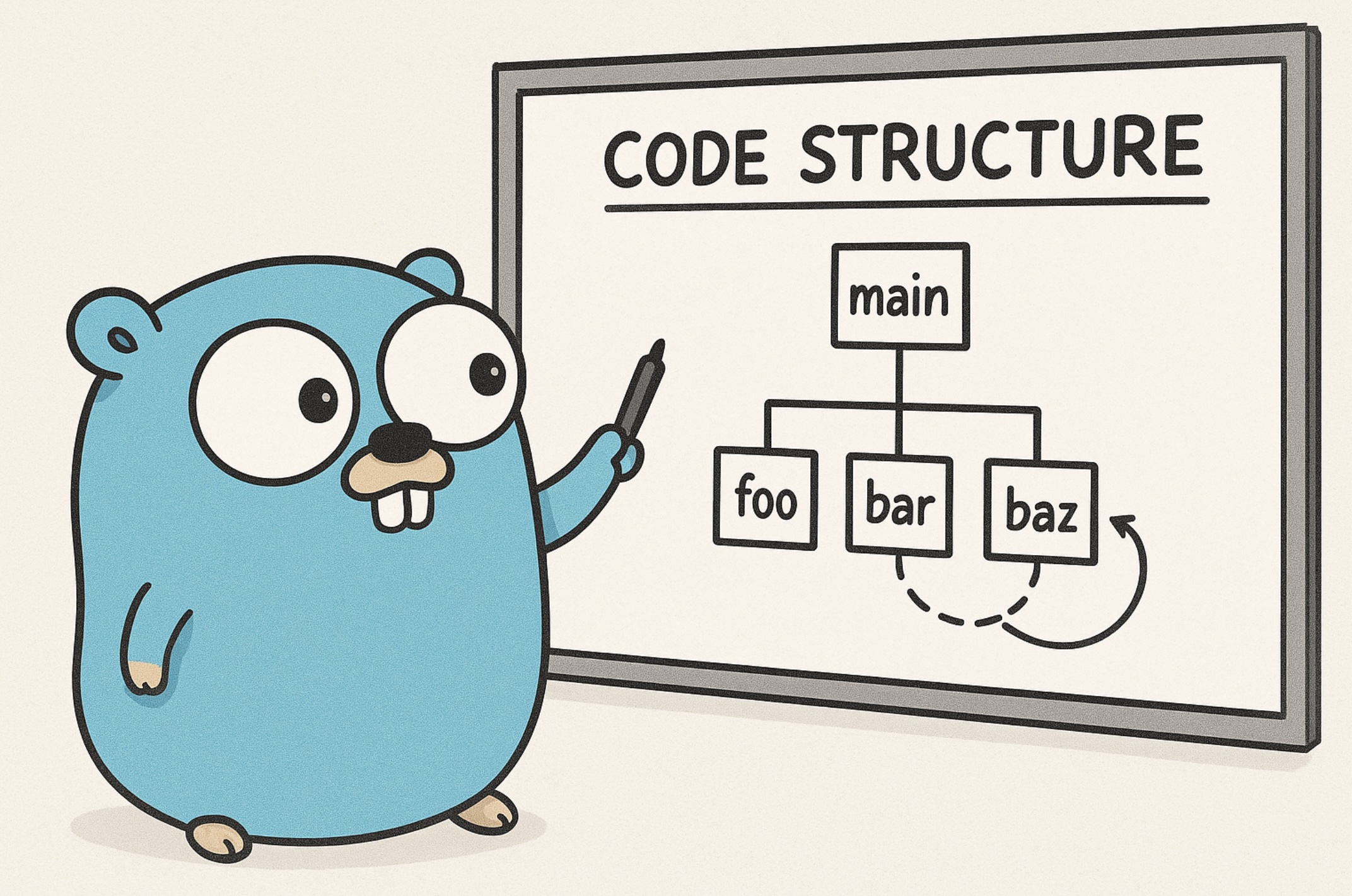 An image of a blue Gopher in front of a board planning code organization