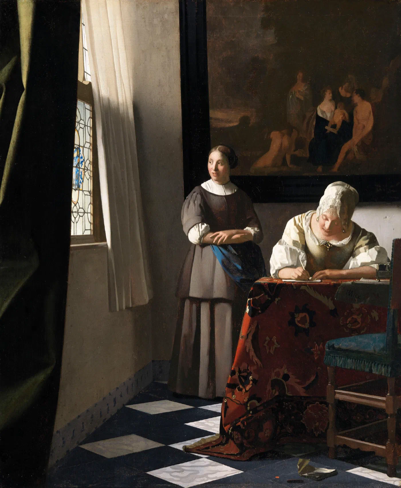 Woman Writing a Letter, with her Maid by Johannes Vermeer (1670 to 1671), a woman writing at a table while her maid waits by the window to carry the letter.