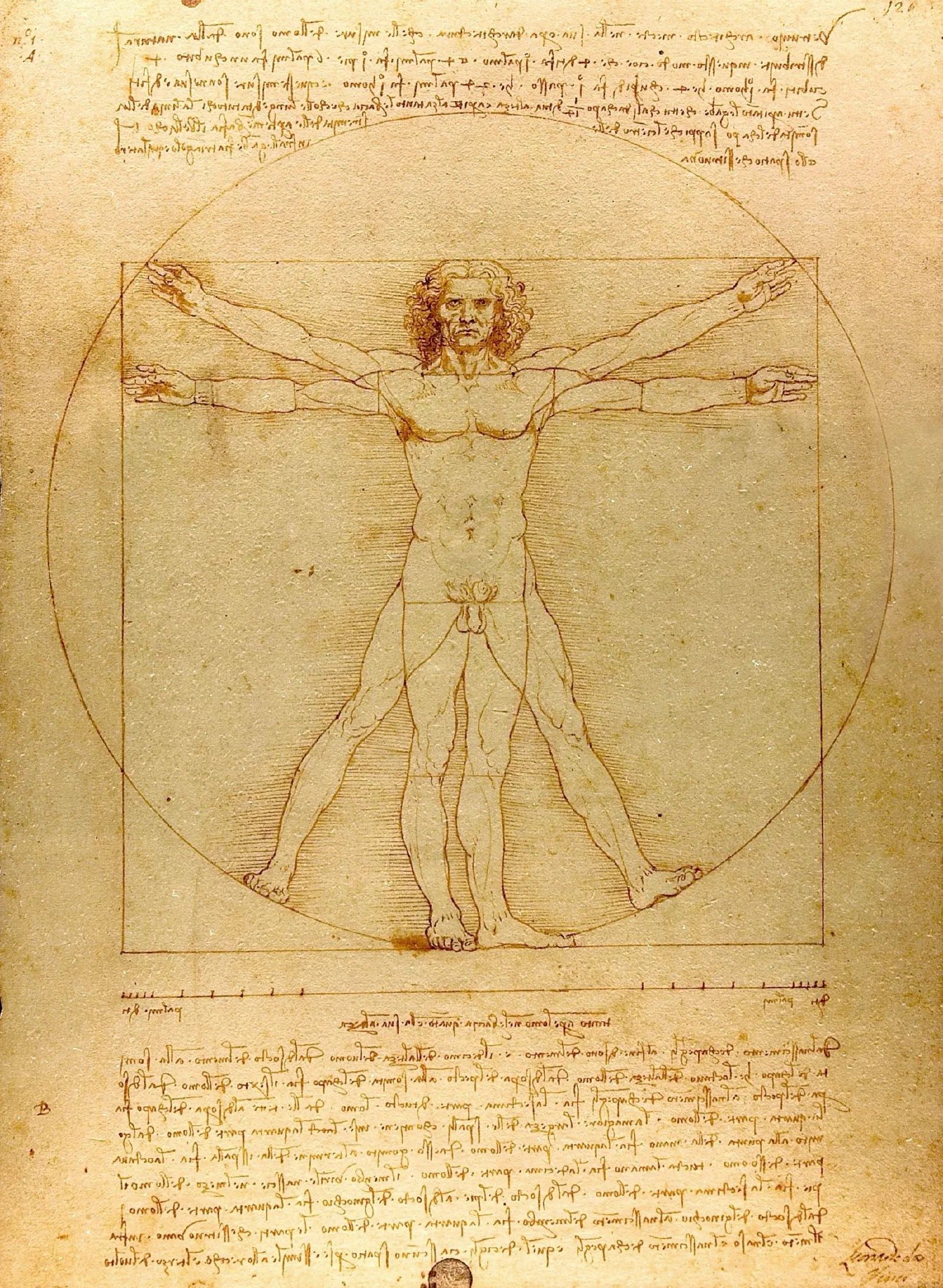 Vitruvian Man by Leonardo da Vinci (c. 1490), a pen and ink drawing of a man with outstretched arms and legs inside a circle and a square, showing the proportions of the human body.