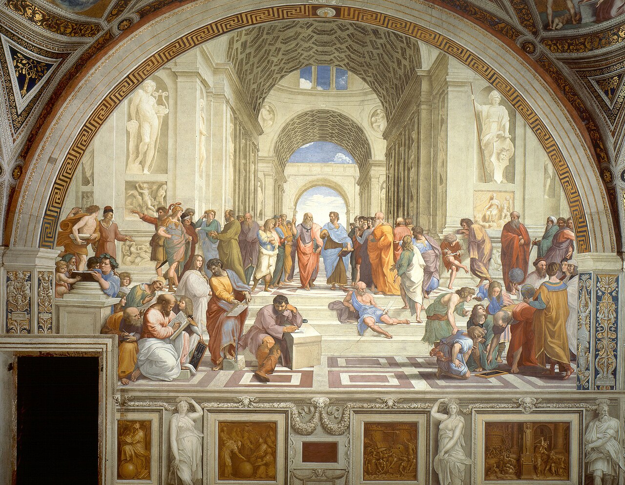 The School of Athens by Raphael, depicting philosophers gathered in conversation and debate.