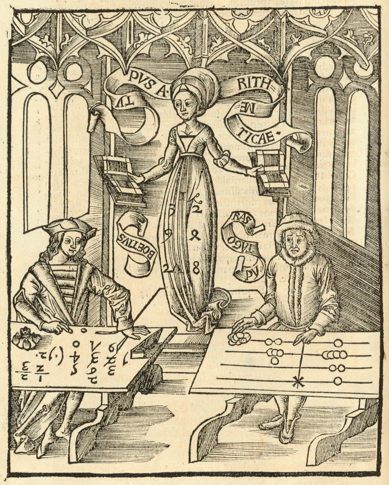 Typus Arithmeticae, a woodcut from Gregor Reisch's Margarita Philosophica (1503), showing Lady Arithmetic standing between Boethius, who calculates with written numerals including zero, and Pythagoras at a counting board.