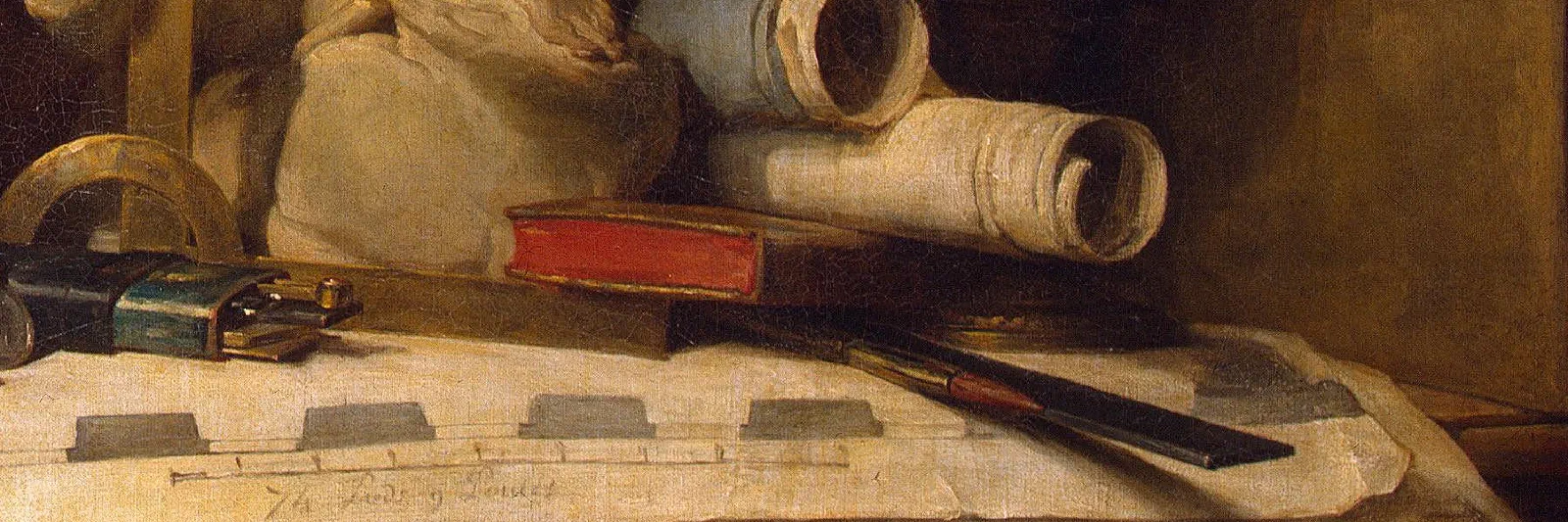 A detail of The Attributes of the Arts by Jean-Baptiste-Siméon Chardin: a protractor, a case of drawing instruments, a ruler and rolled drawings on an architect's plan.